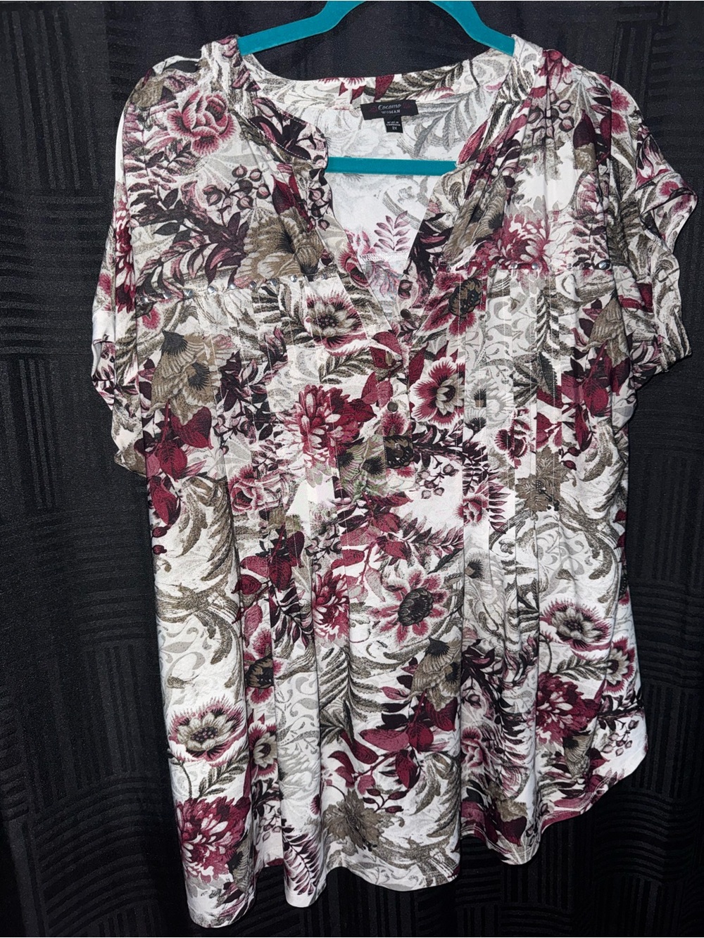 Cocomo Floral Split-Neck Blouse in Burgundy, Olive and Cream